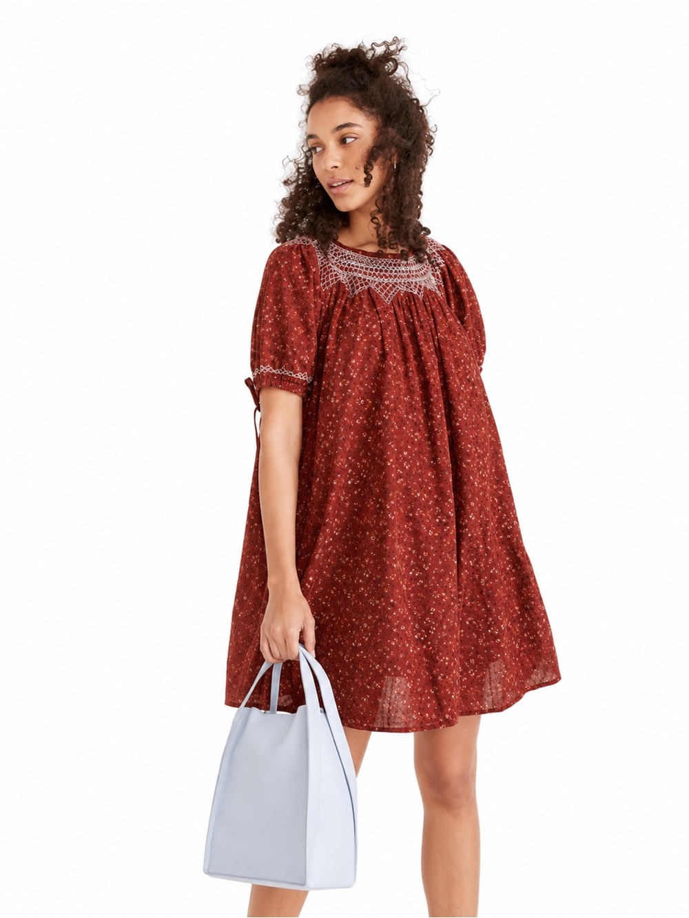 Madewell Embroidered Maroon 0720 Puff-Sleeve Babydoll Dress medium brown